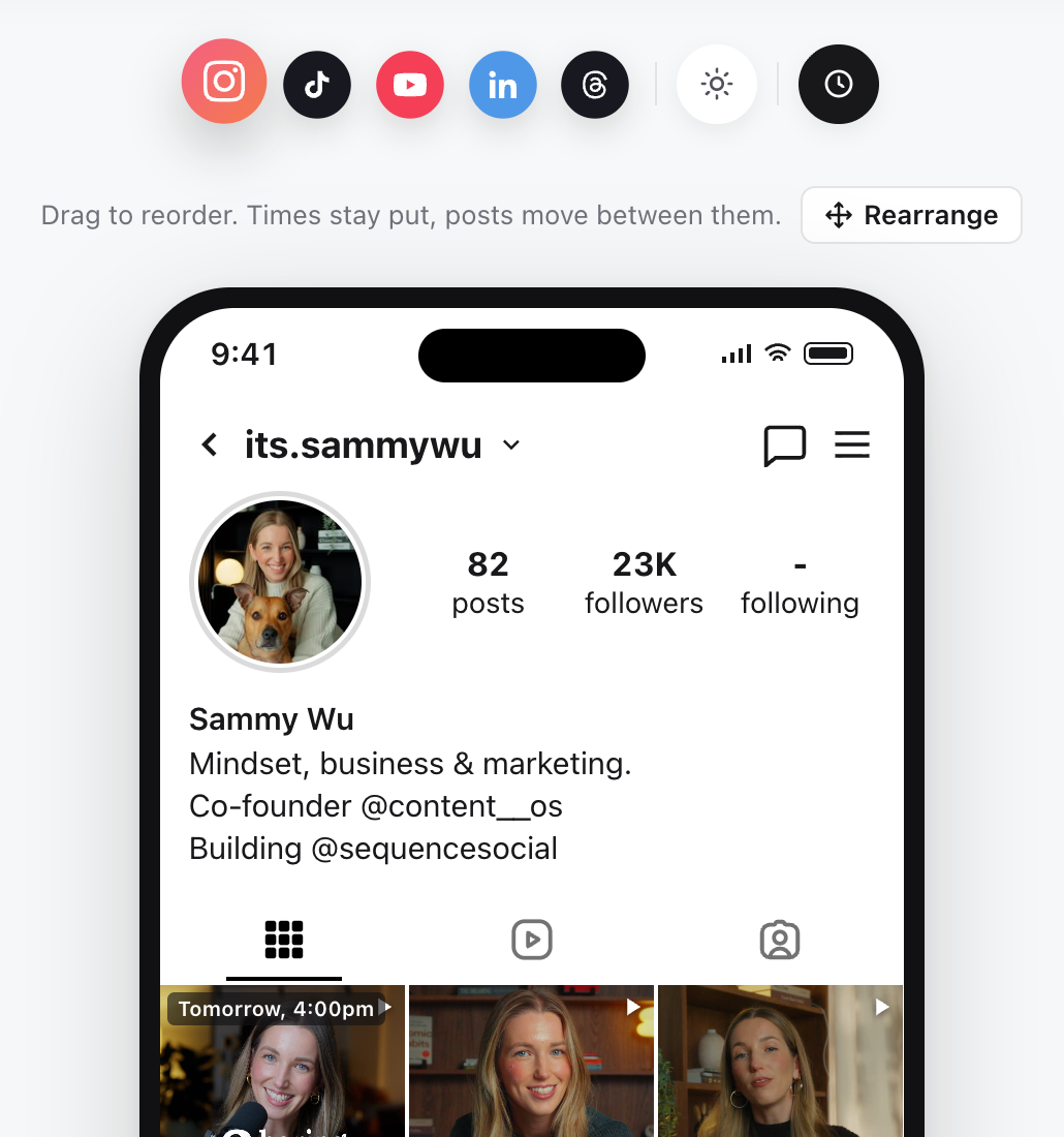 Grid view showing an Instagram profile preview, with the profile icons and the Rearrange button above it
