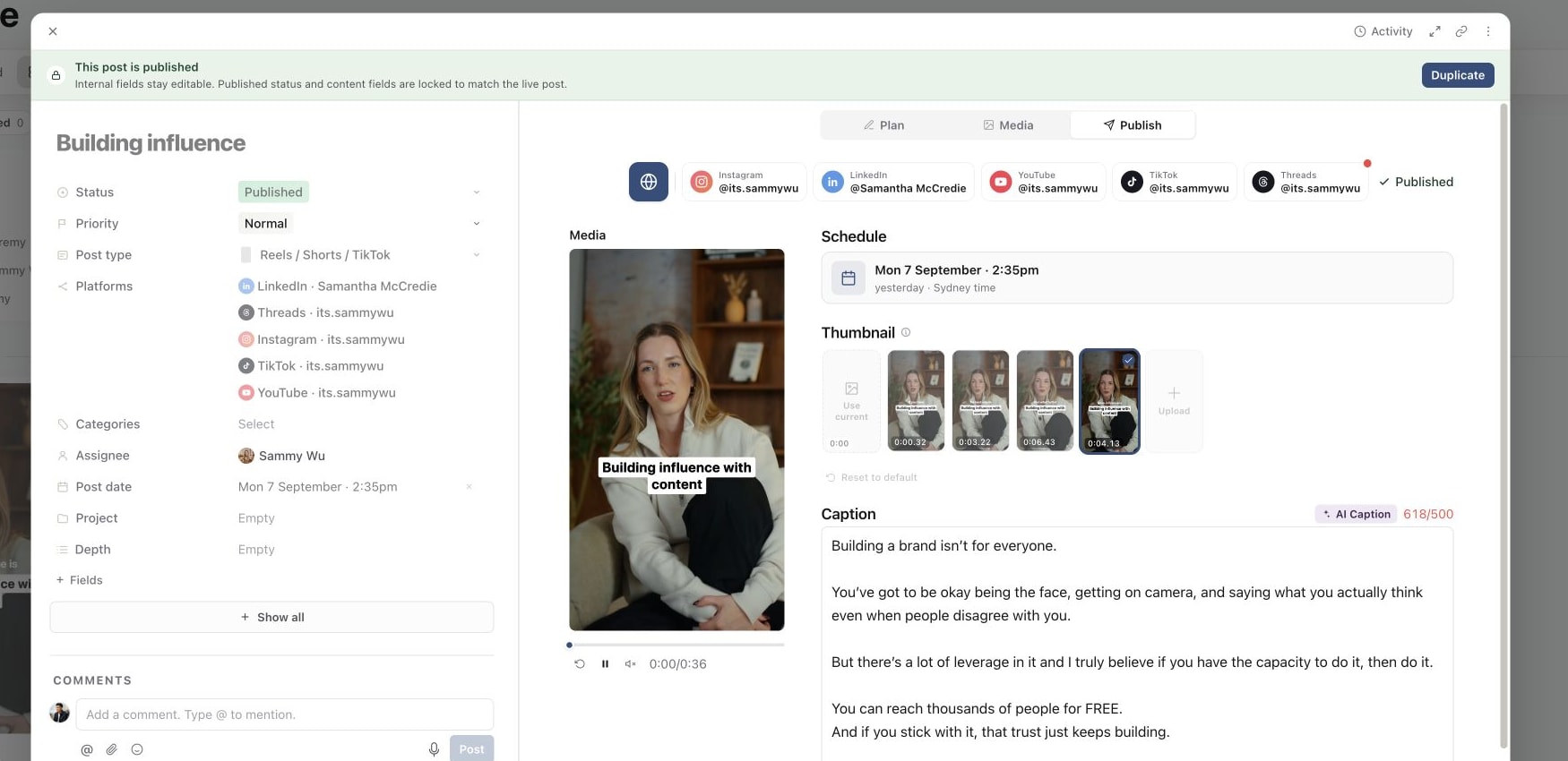 Published content piece showing the live status, target accounts, locked publishing fields and Duplicate action