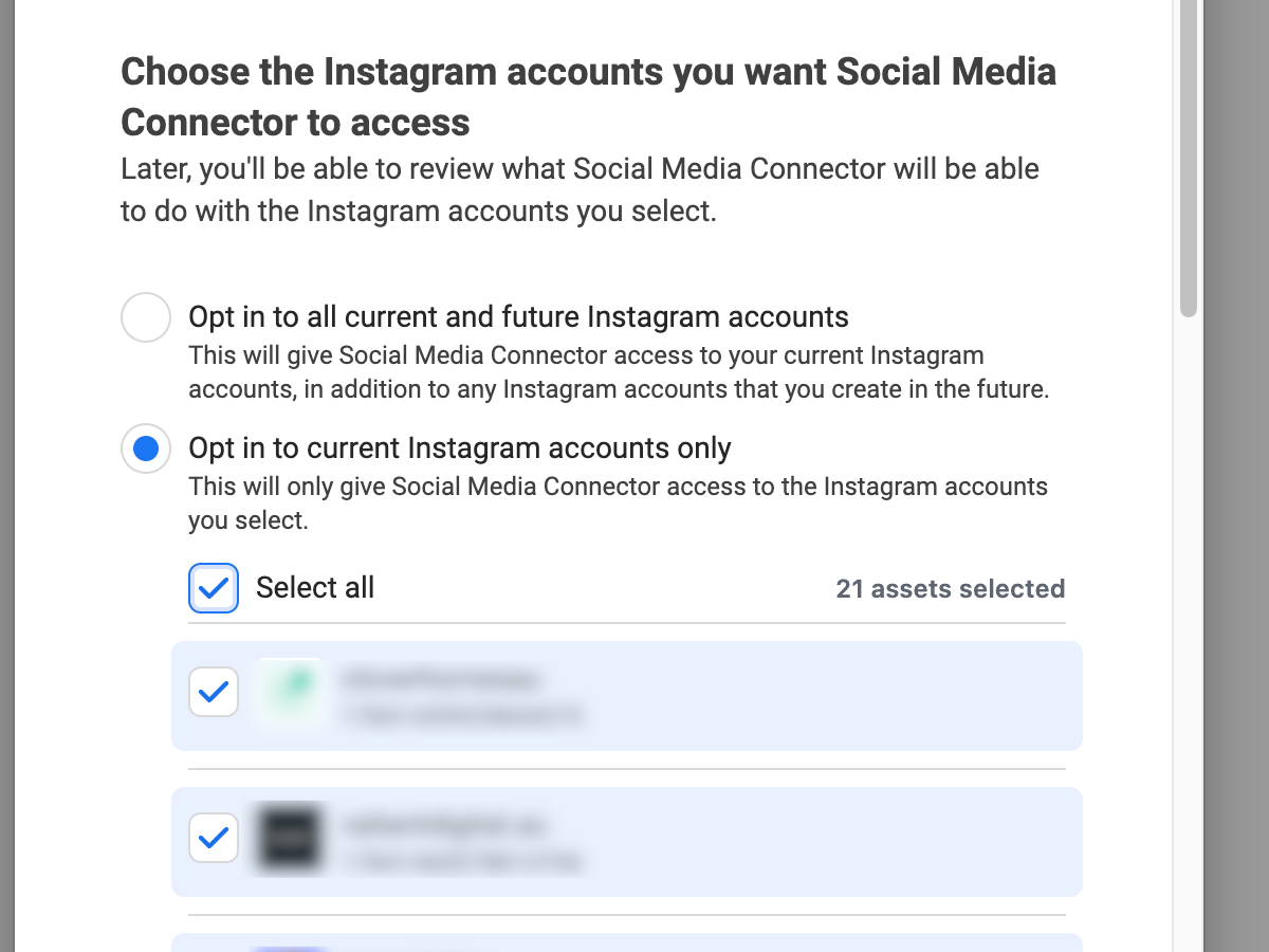 Meta authorisation screen for choosing which Instagram accounts Social Media Connector can access