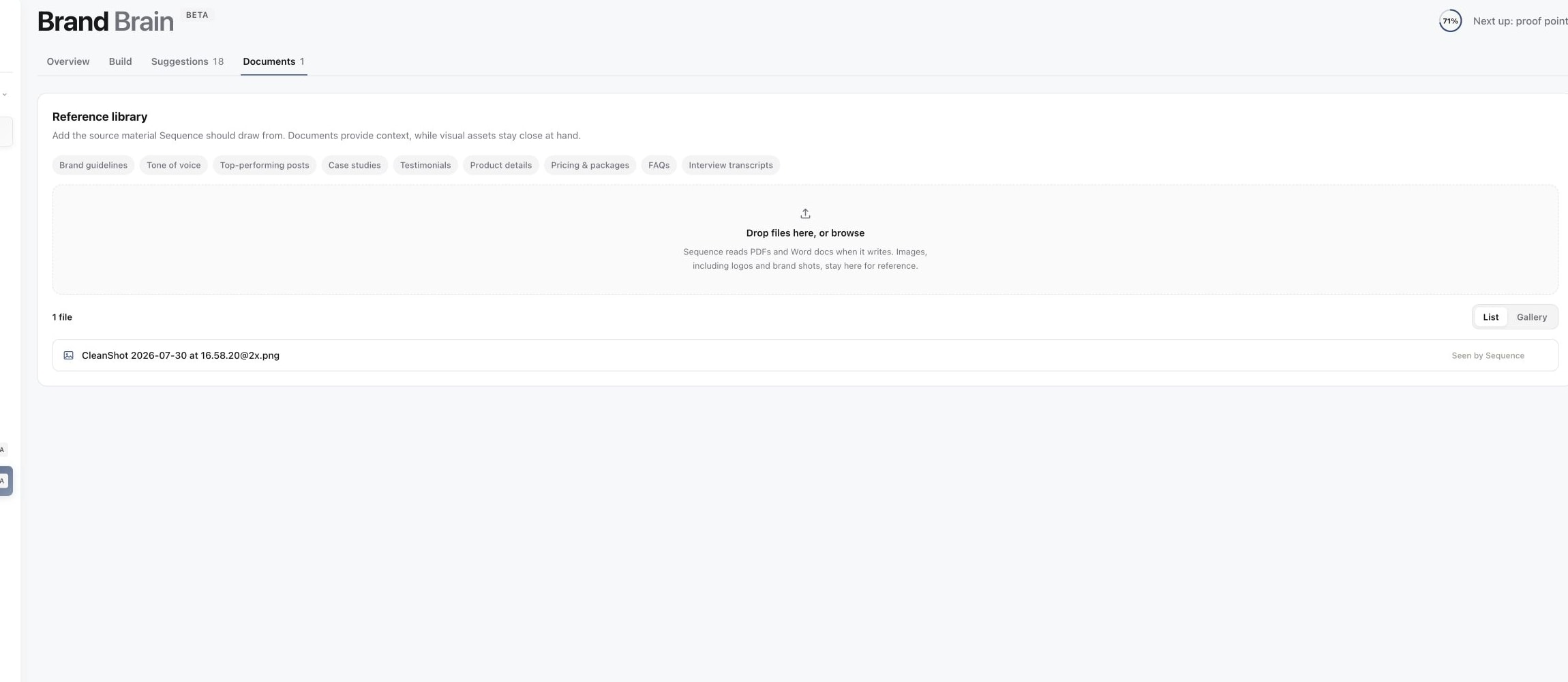 Brand Brain Documents page showing the reference library used for brand context