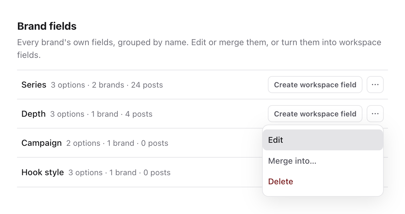 Actions menu for the Depth brand field with Edit, Merge into and Delete