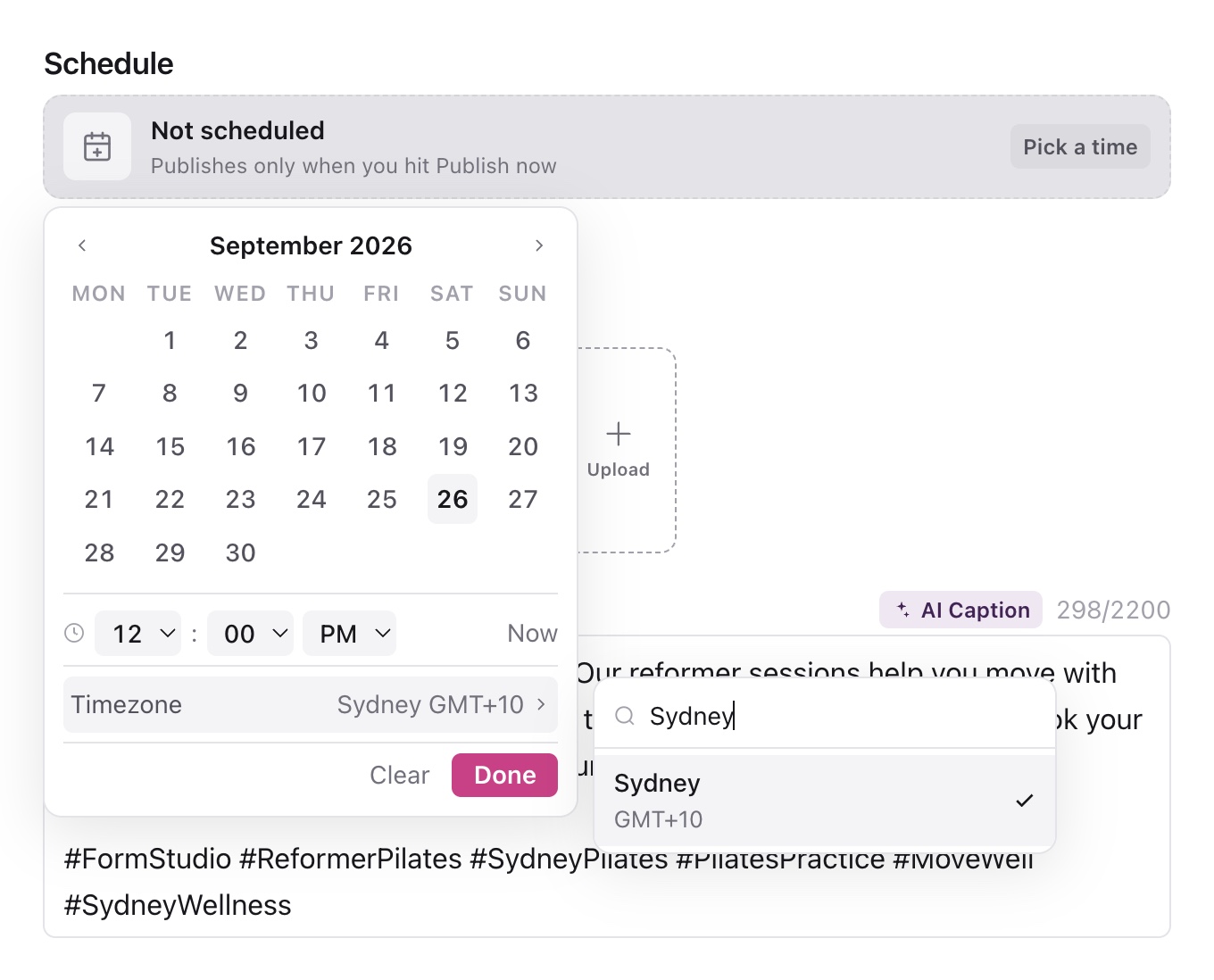 Scheduling picker with the Timezone search open and Sydney selected