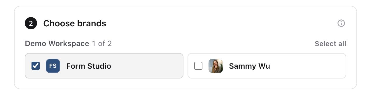 Choose brands step with Form Studio selected in Demo Workspace