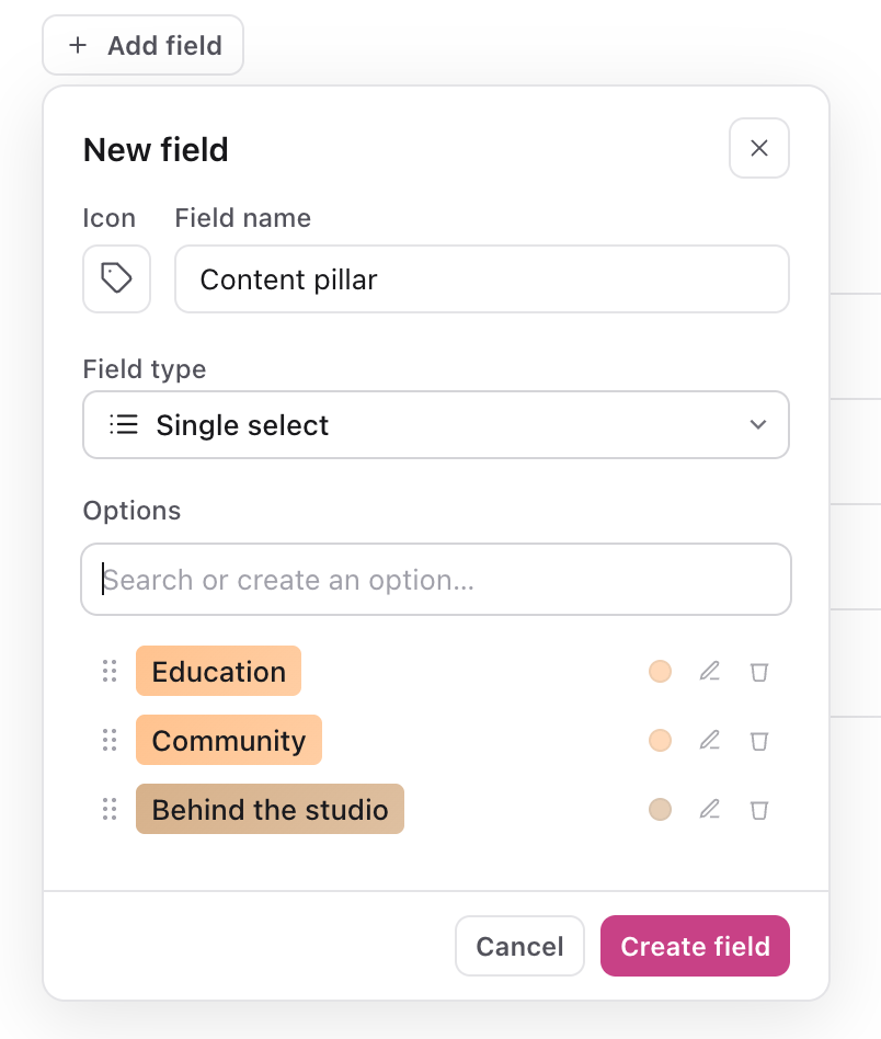 New field form with the name Content pillar, the Single select type and three options
