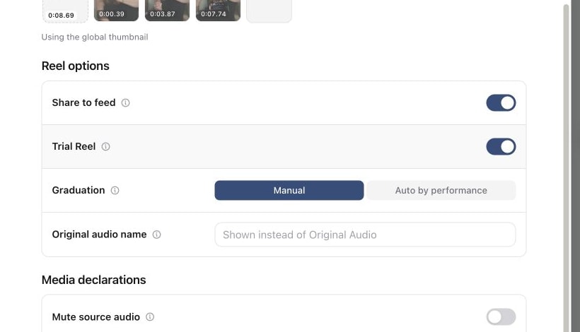 Instagram Reel options with Trial Reel enabled and Manual graduation selected