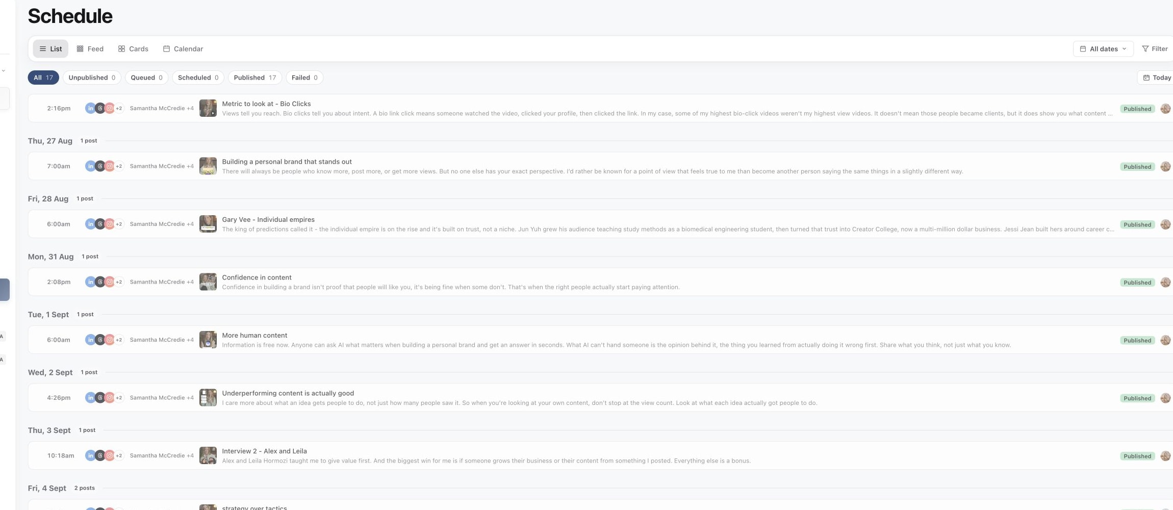 Schedule List view showing published posts in a compact layout