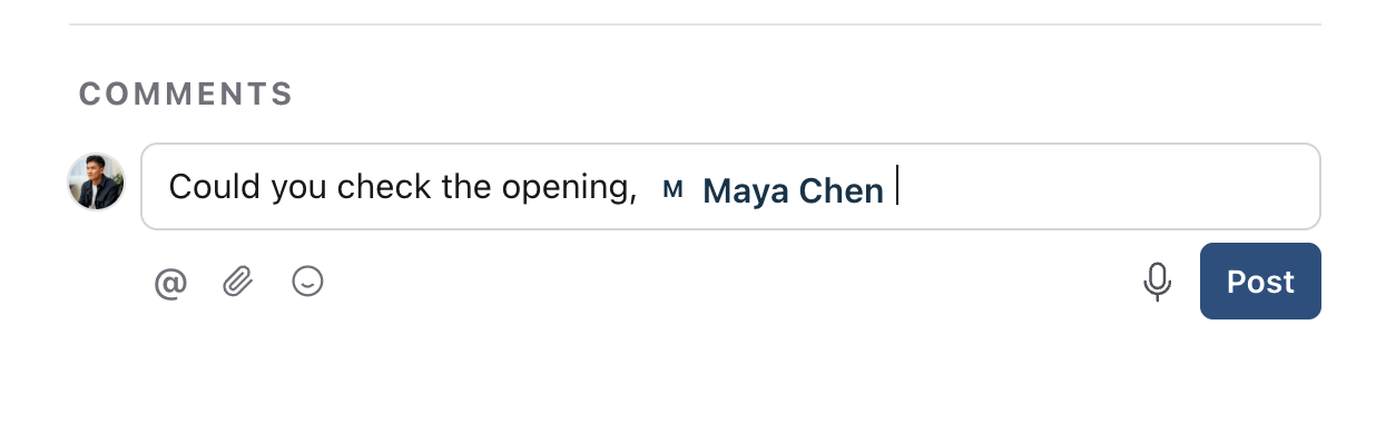 Maya Chen inserted as a mention in a comment ready to post