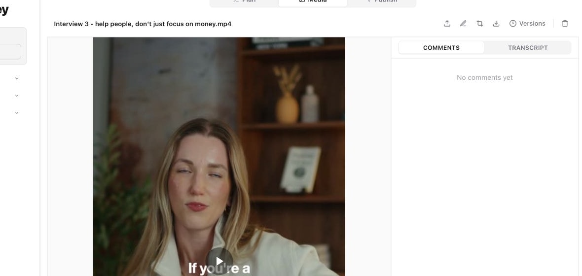 Media tab with the video preview and comments panel visible