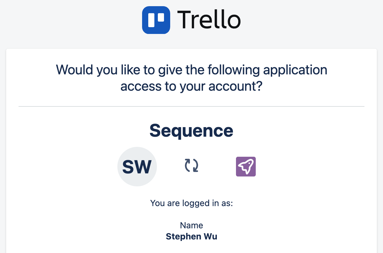Trello permission window asking whether to give Sequence access to the account
