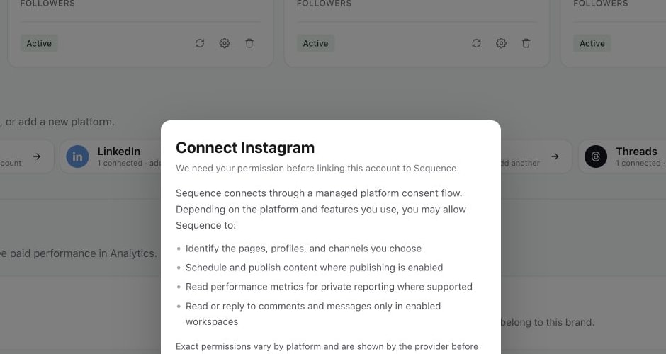 Connect Instagram dialog explaining the permissions requested by Sequence