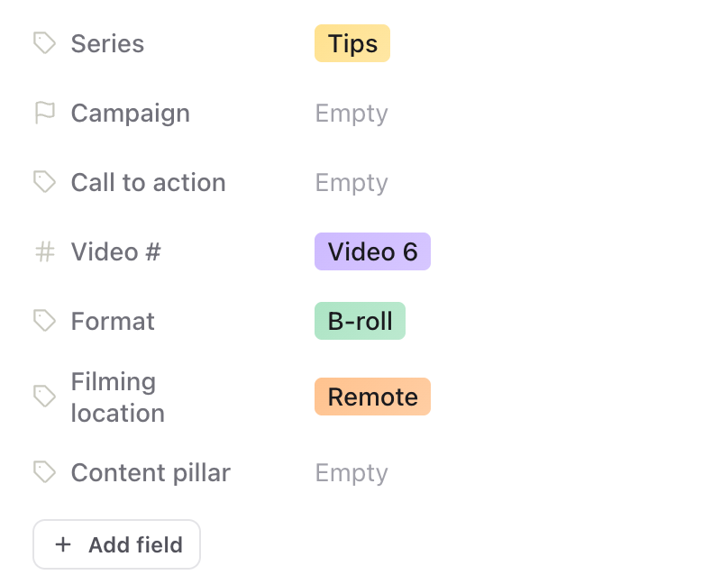 A post's details panel listing Series, Campaign and Call to action, followed by workspace fields and the Add field button