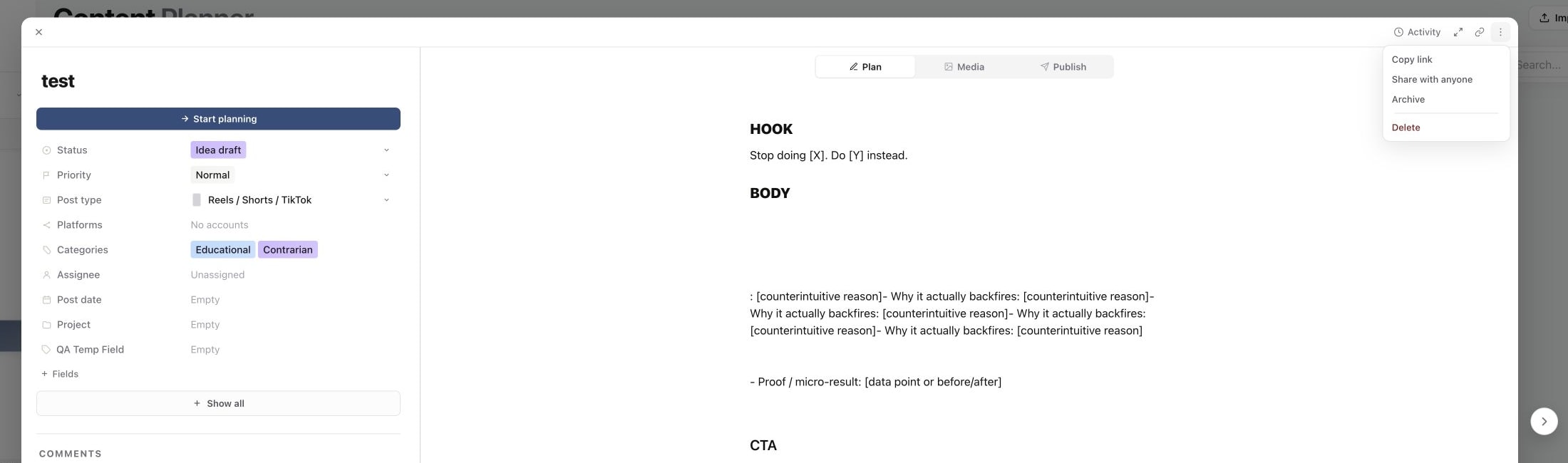 Content piece More actions menu with the Delete action