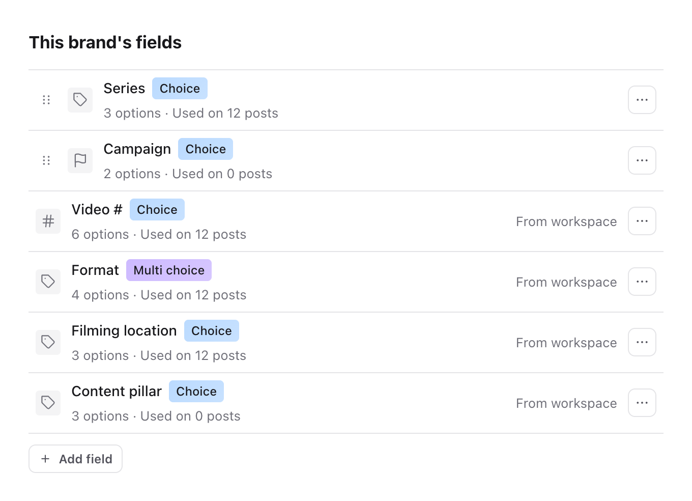 This brand's fields for Form Studio, with two brand fields followed by four fields marked From workspace