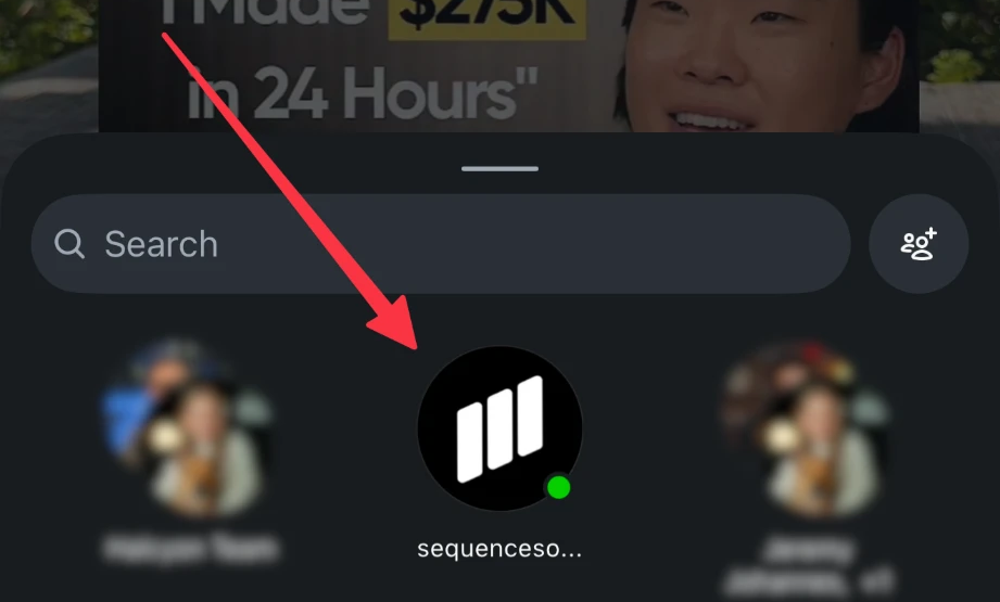 Instagram's share sheet with @sequencesocial marked with an arrow
