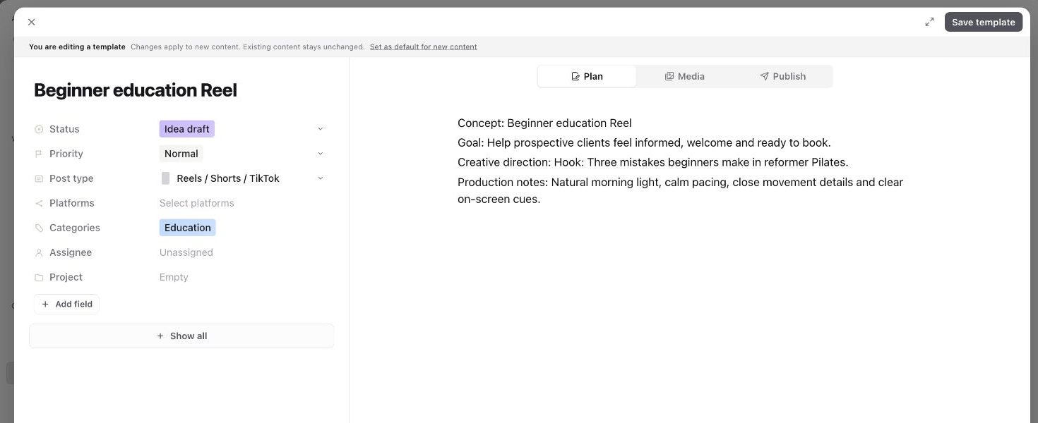 A content template open in the shared content-piece editor