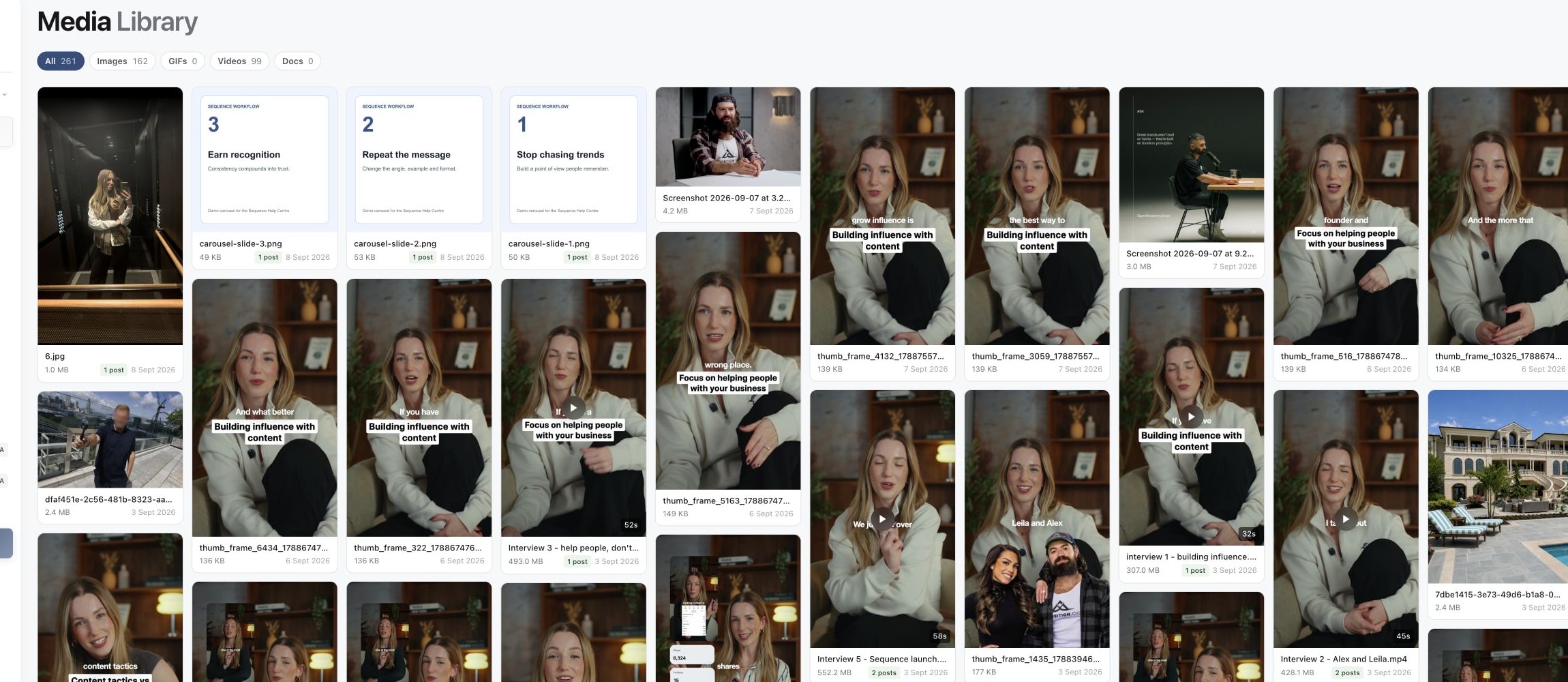 Current Media Library showing uploaded images and videos with file sizes