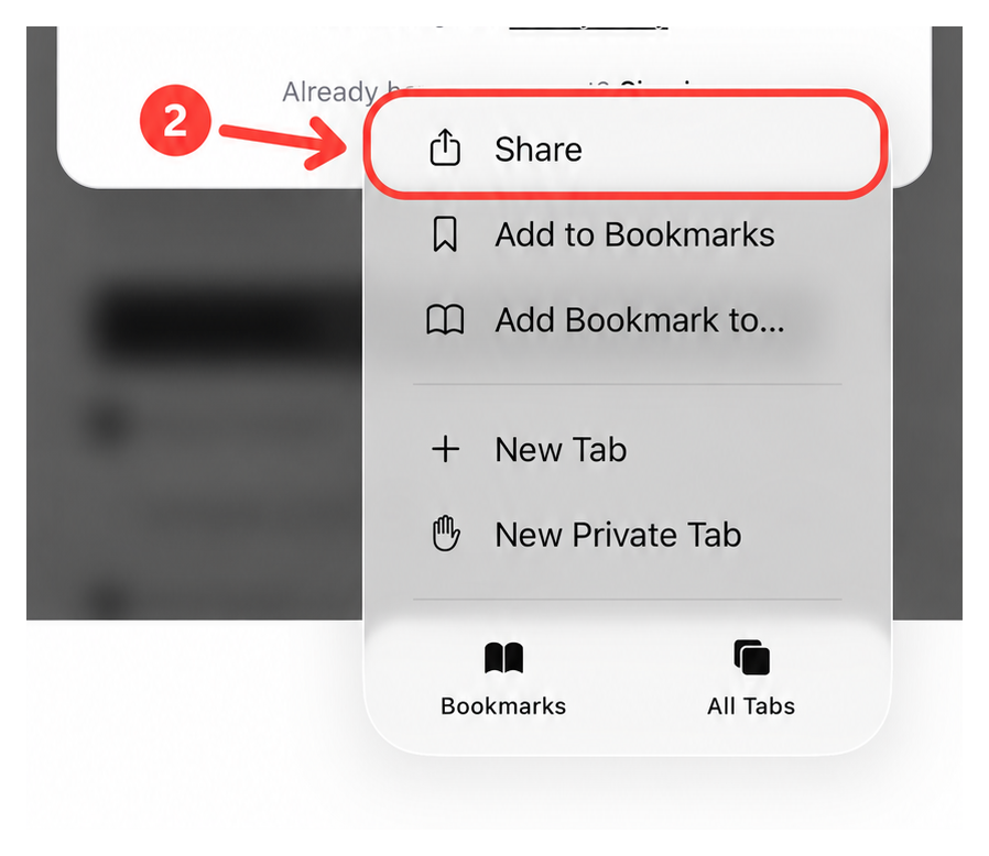 Safari page menu with the Share row highlighted in red