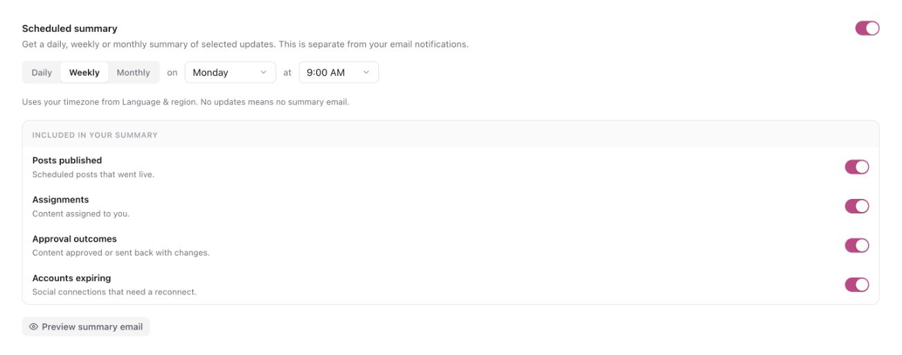 Scheduled summary enabled with Weekly, Monday at 9:00 AM and all four update types included.