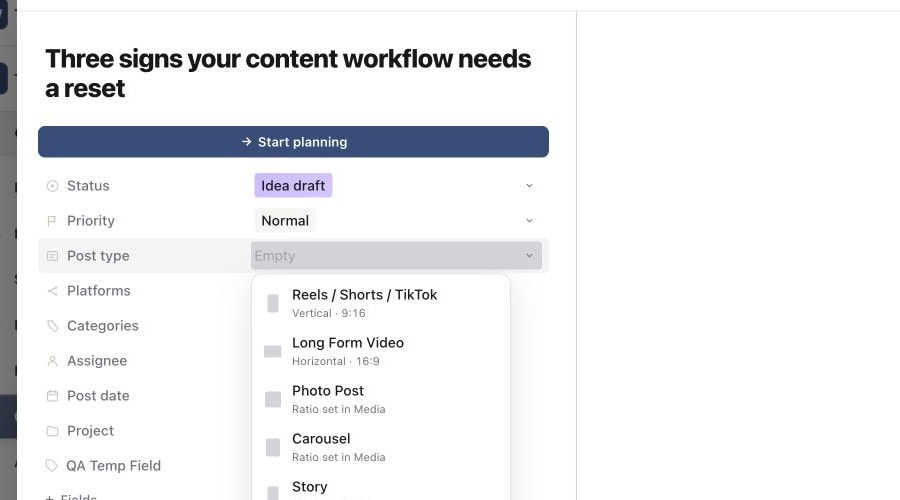 Post type picker showing the formats that determine publishing controls