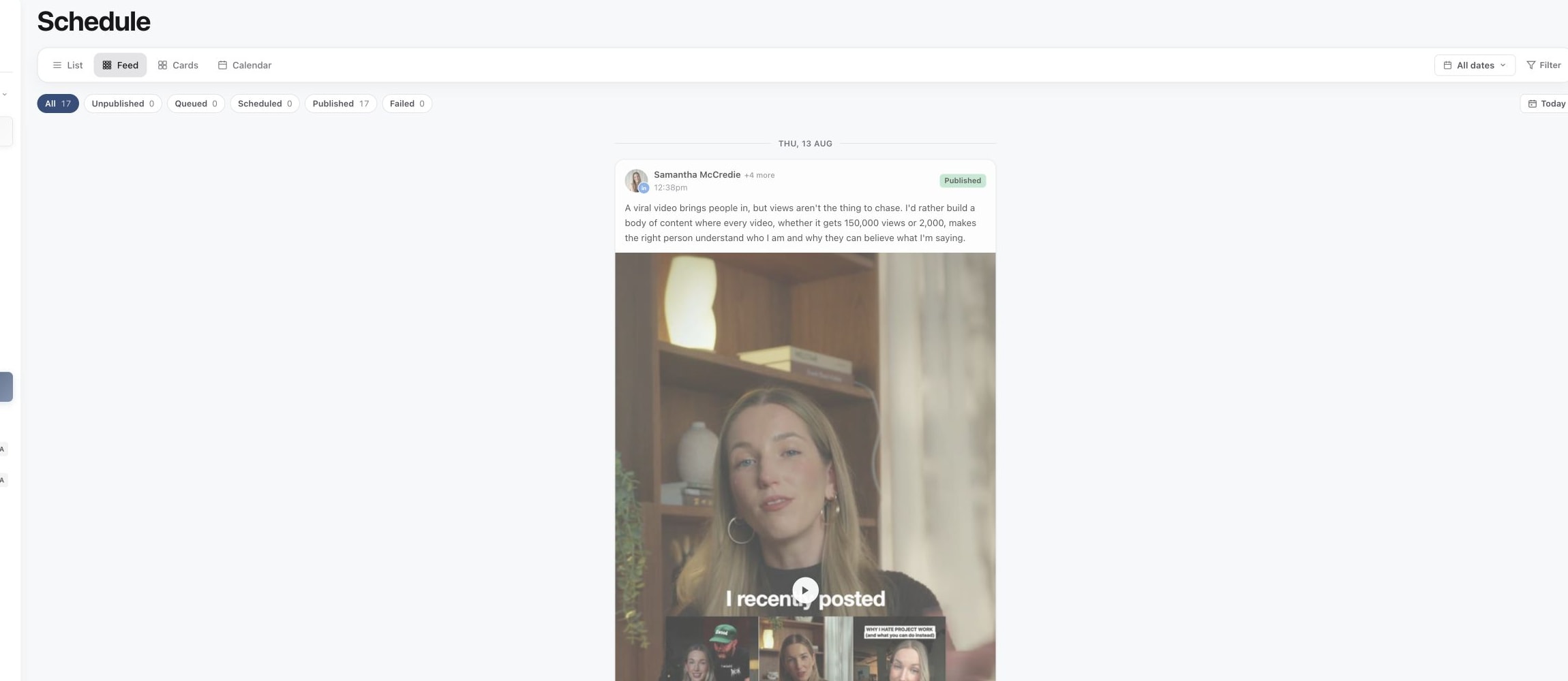 Schedule Feed view showing posts in social feed order