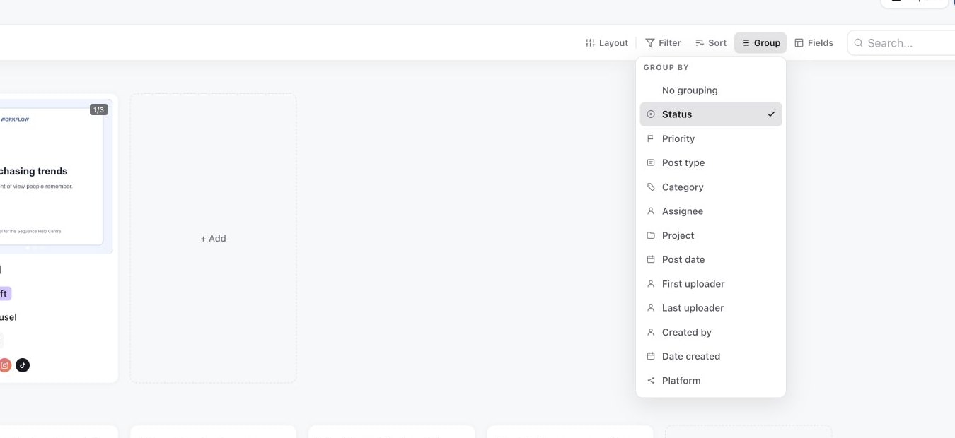 Content Planner Group menu with Status selected and other grouping choices
