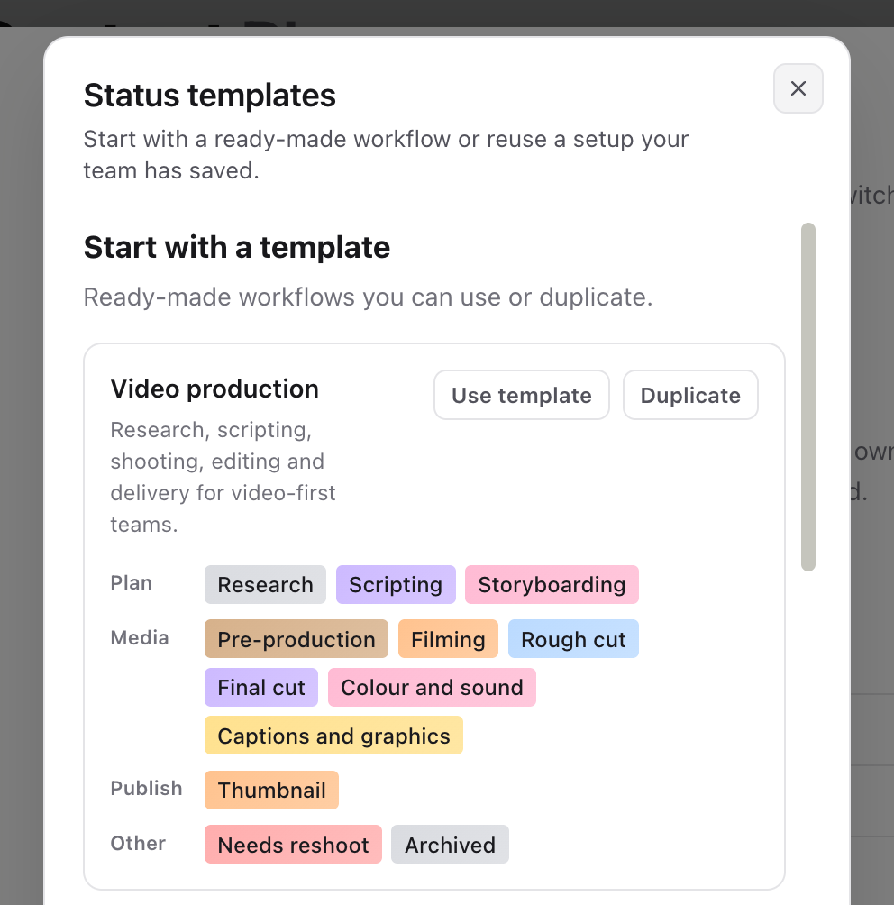 Status templates dialog showing the Video production starter template