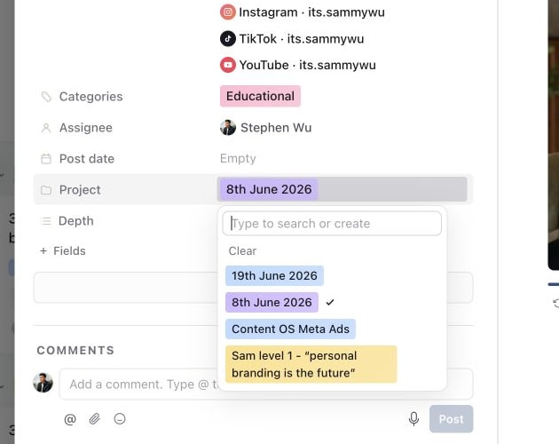 Content properties with the Project picker open