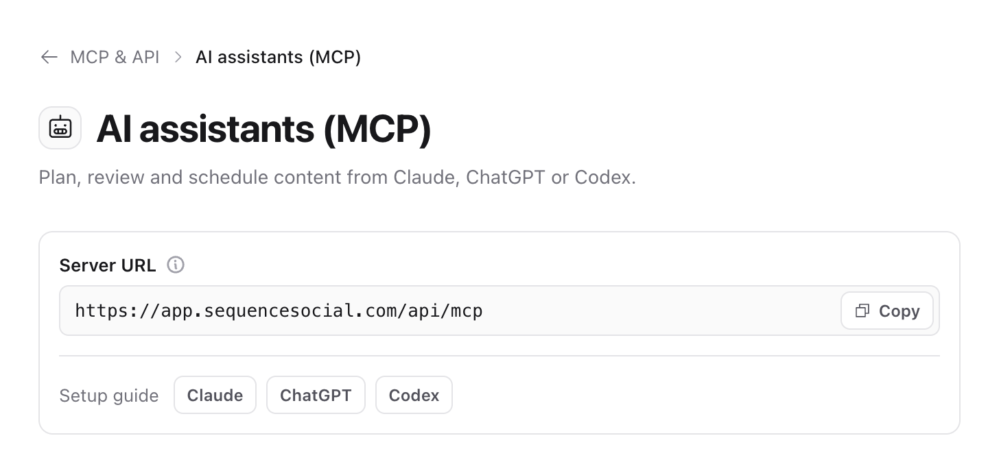AI assistants (MCP) page in Settings with the server URL, a Copy button and setup guides for Claude, ChatGPT and Codex