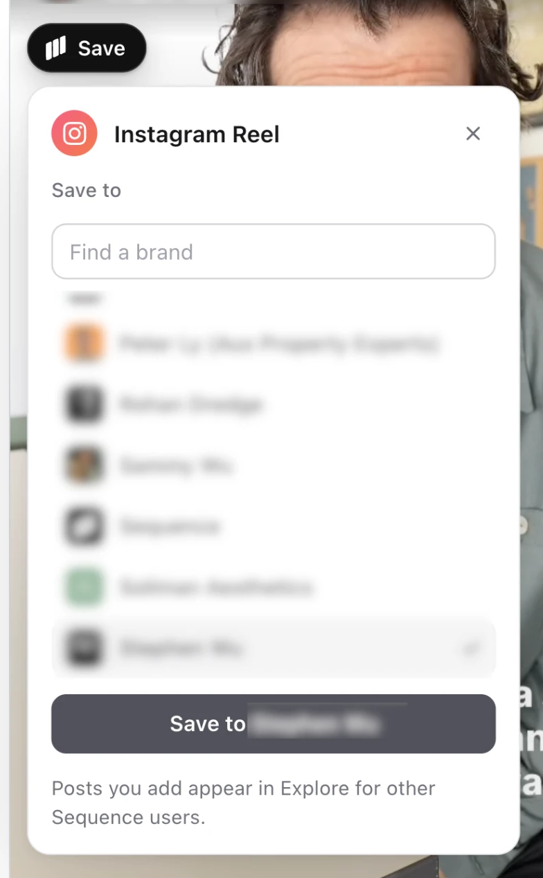 The Save button on an Instagram Reel with the brand list open, showing Find a brand and the Save to button