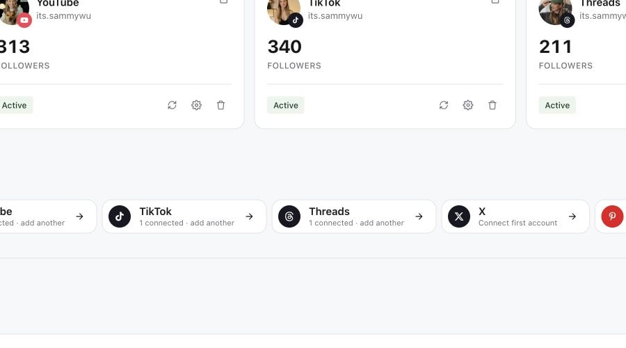 Connected account controls for refresh, settings and removal