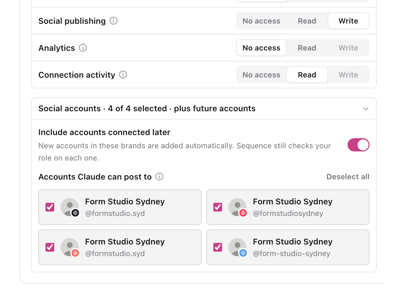 Social publishing set to Write, with Include accounts connected later on and four Form Studio Sydney accounts selected