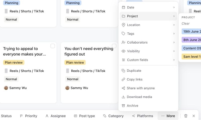 Bulk More menu and Project picker open for the selected content pieces