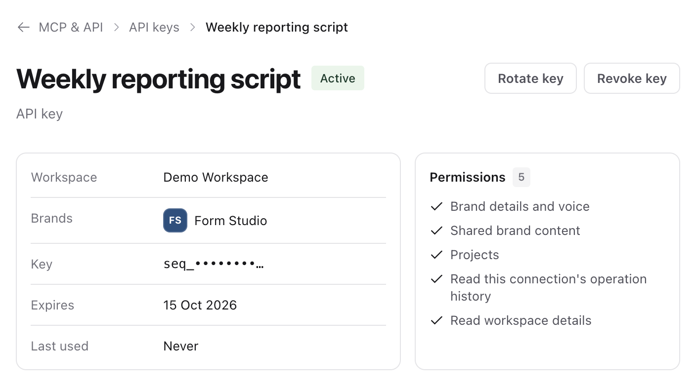 Weekly reporting script API key page with Rotate key and Revoke key buttons, its access and permissions