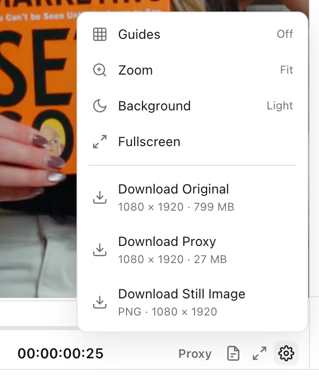 Player settings menu with Download Original, Download Proxy and Download Still Image