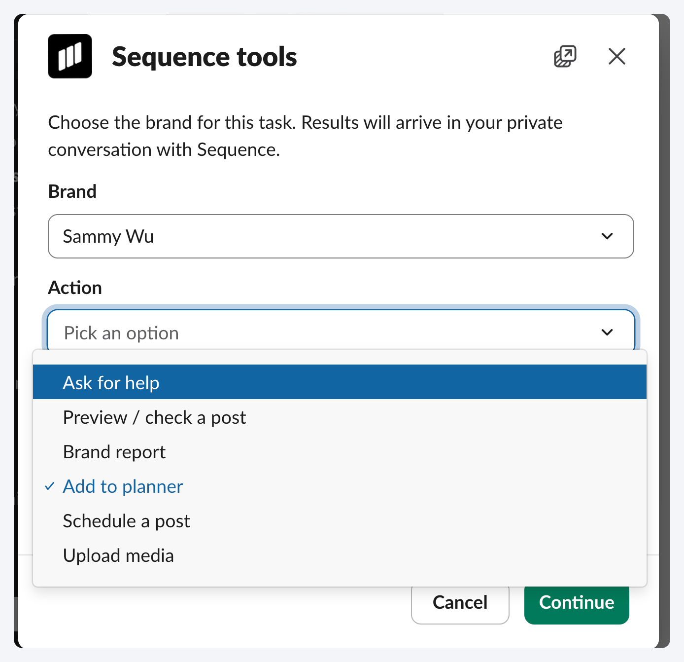 Sequence tools modal with a brand selector and focused workflow actions.