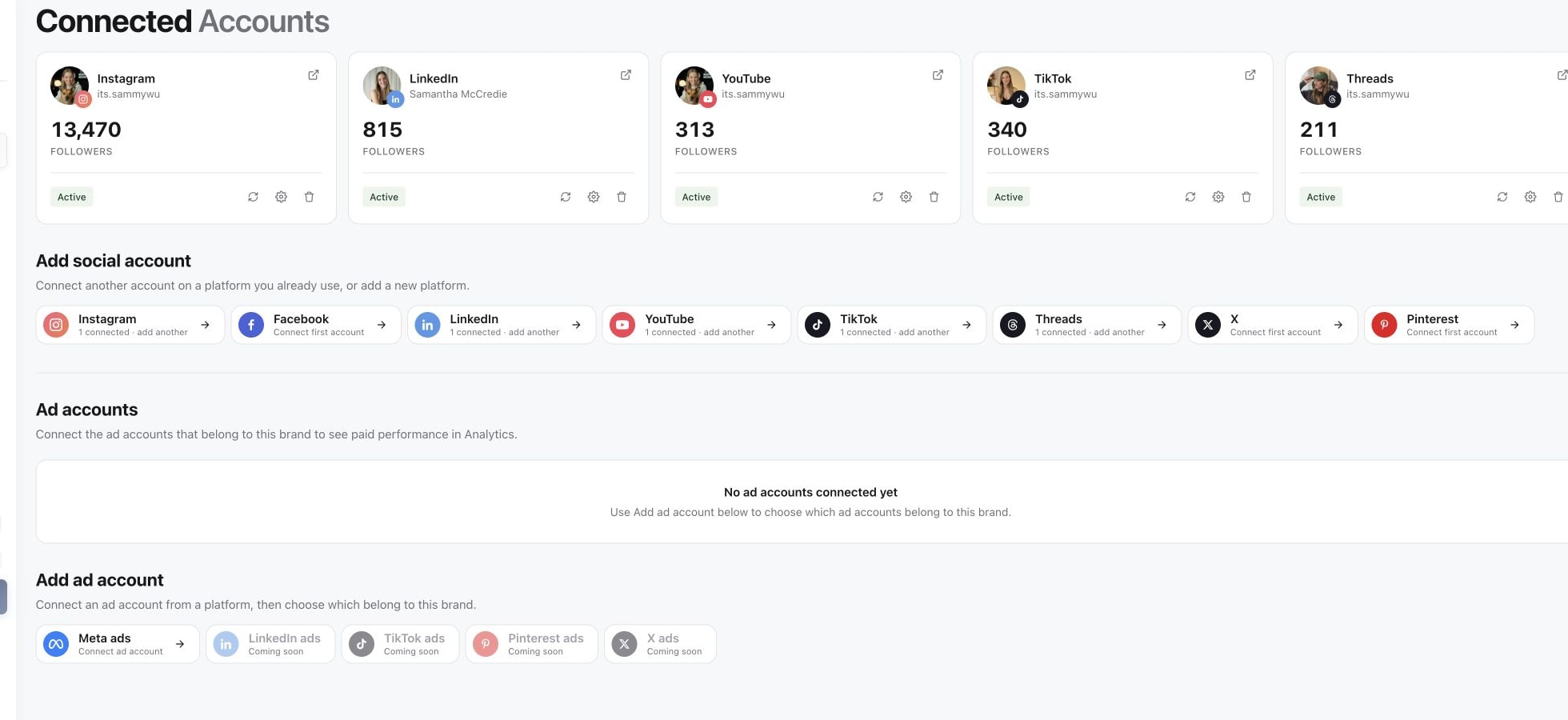 Sequence Accounts page showing Pinterest under Add social account