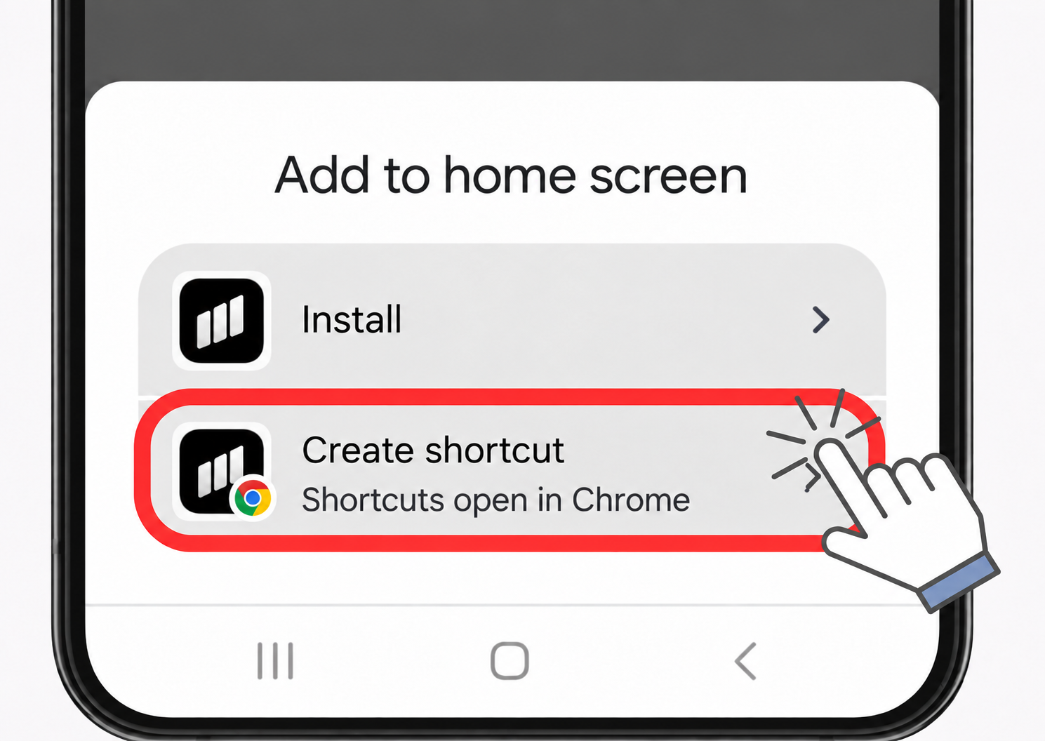 Android illustration: Sequence icons beside the Install and Create shortcut options