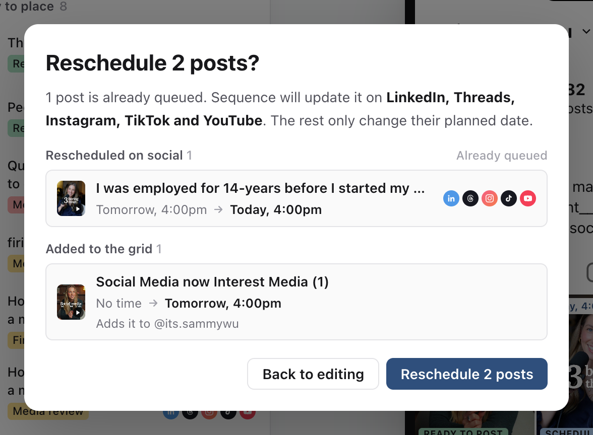 Review listing a queued post moved to a new time and a post added to the grid