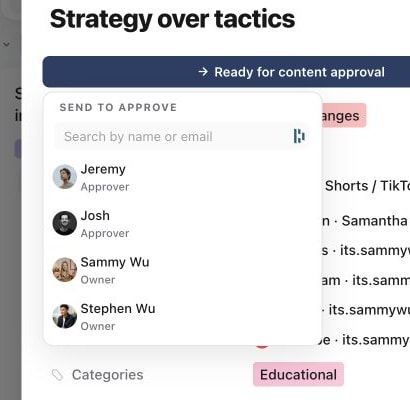 The approver picker for a content piece that is ready for approval
