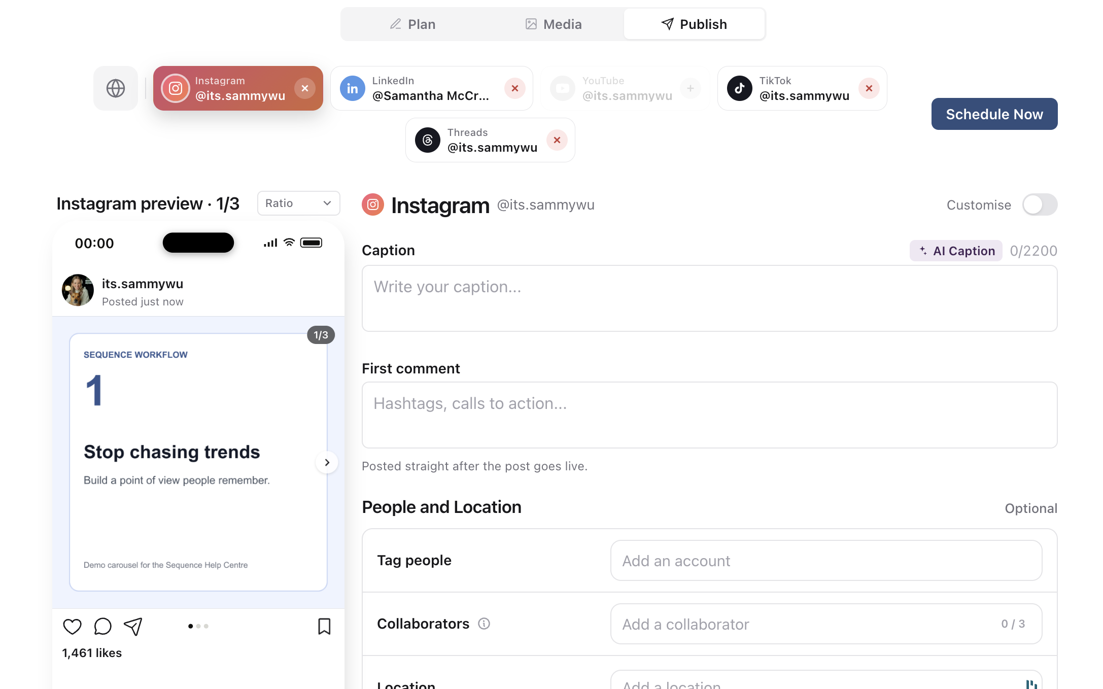 A Sequence demo carousel shown with publishing destinations and caption fields for the final post check
