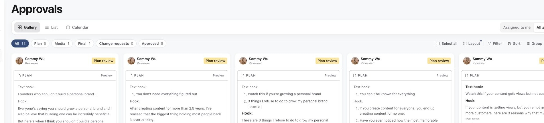 All approvals view with Plan, Media, Final, Change requests and Approved filters
