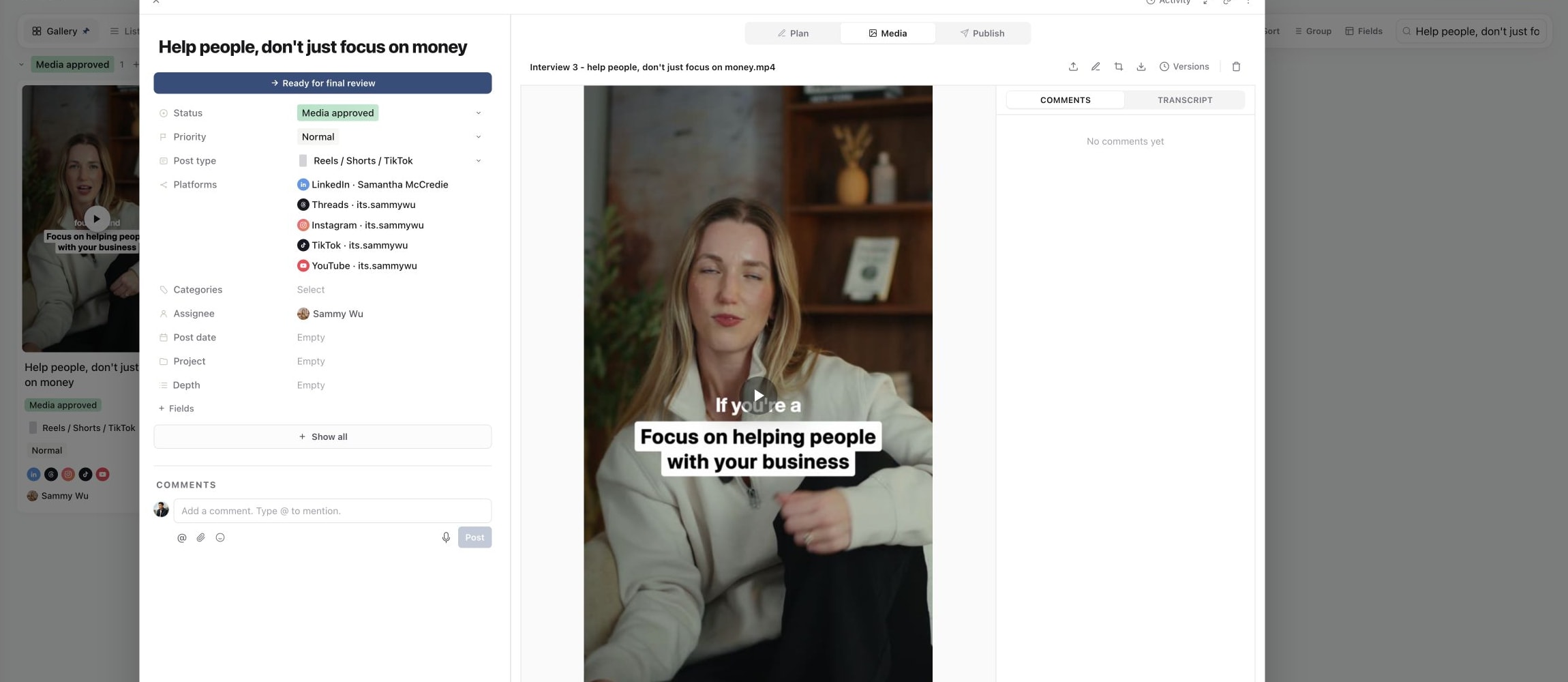Content piece Media tab showing a processed video and its review controls
