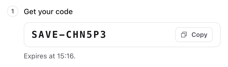 A code starting with SAVE- with a Copy button and the time it expires