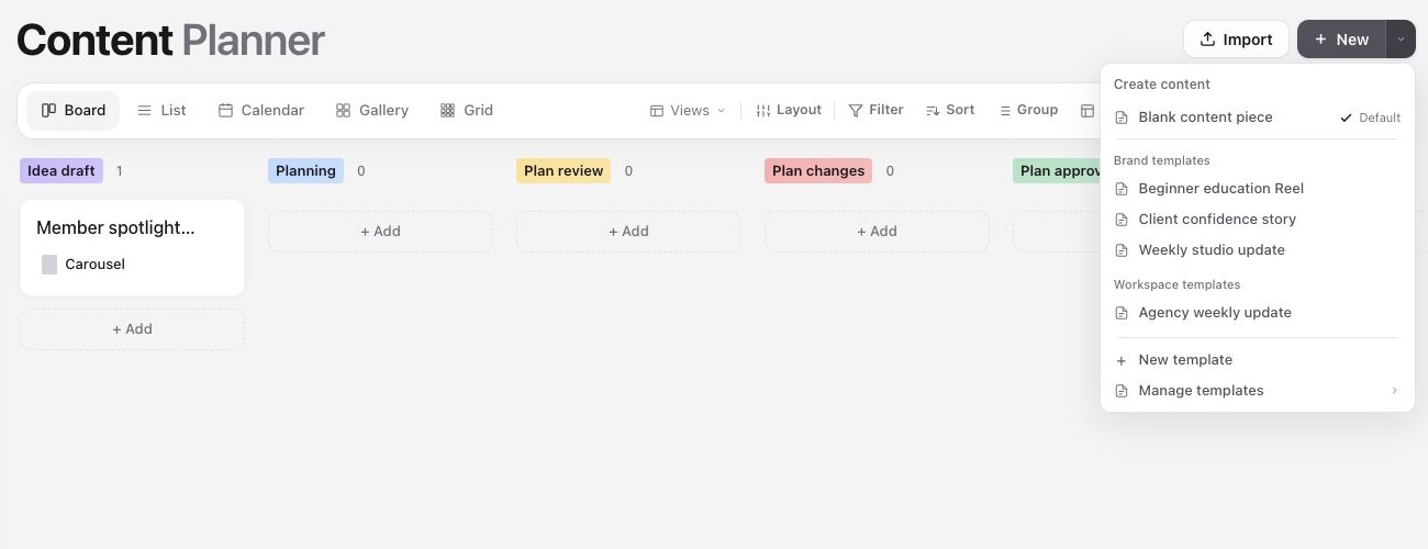 The New menu showing Blank content and reusable templates