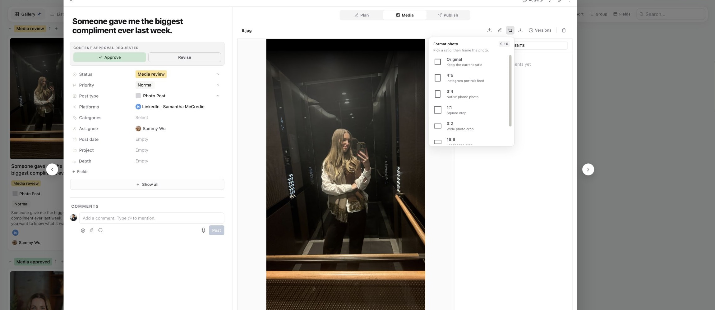 Format photo menu with Original, portrait, square, landscape and vertical ratios