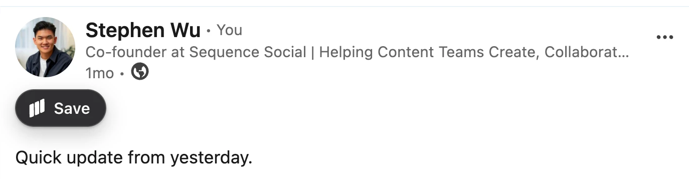 A LinkedIn post with the Save button under the author's name and photo