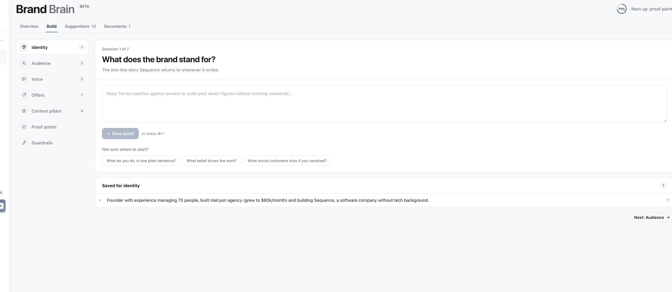 Brand Brain Build page with guided brand profile sections