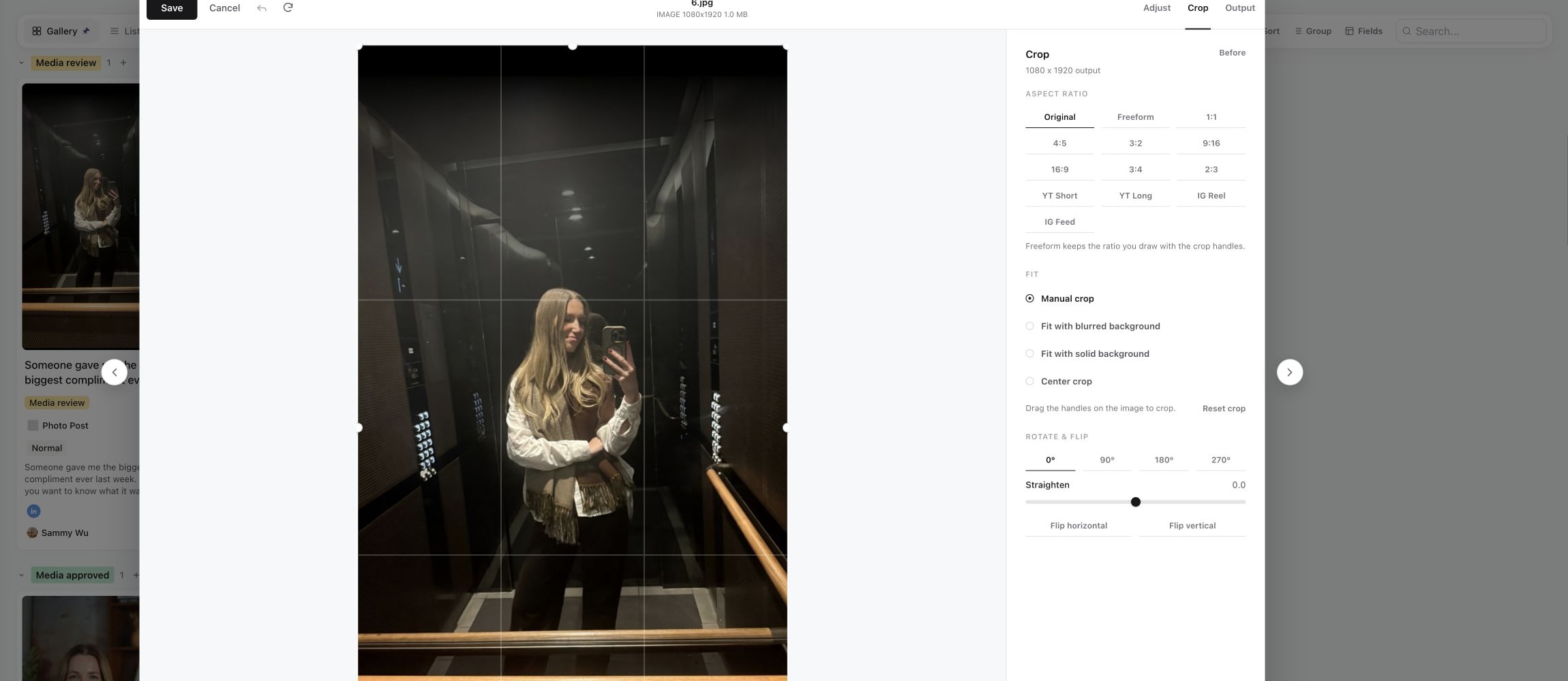 Image crop editor with aspect ratio, fit, rotate, flip and crop-handle controls