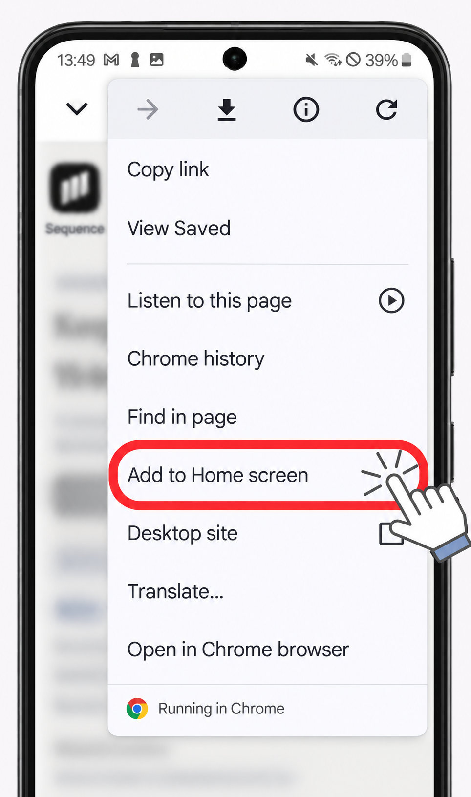 Android illustration: browser menu with Add to Home screen highlighted for Sequence