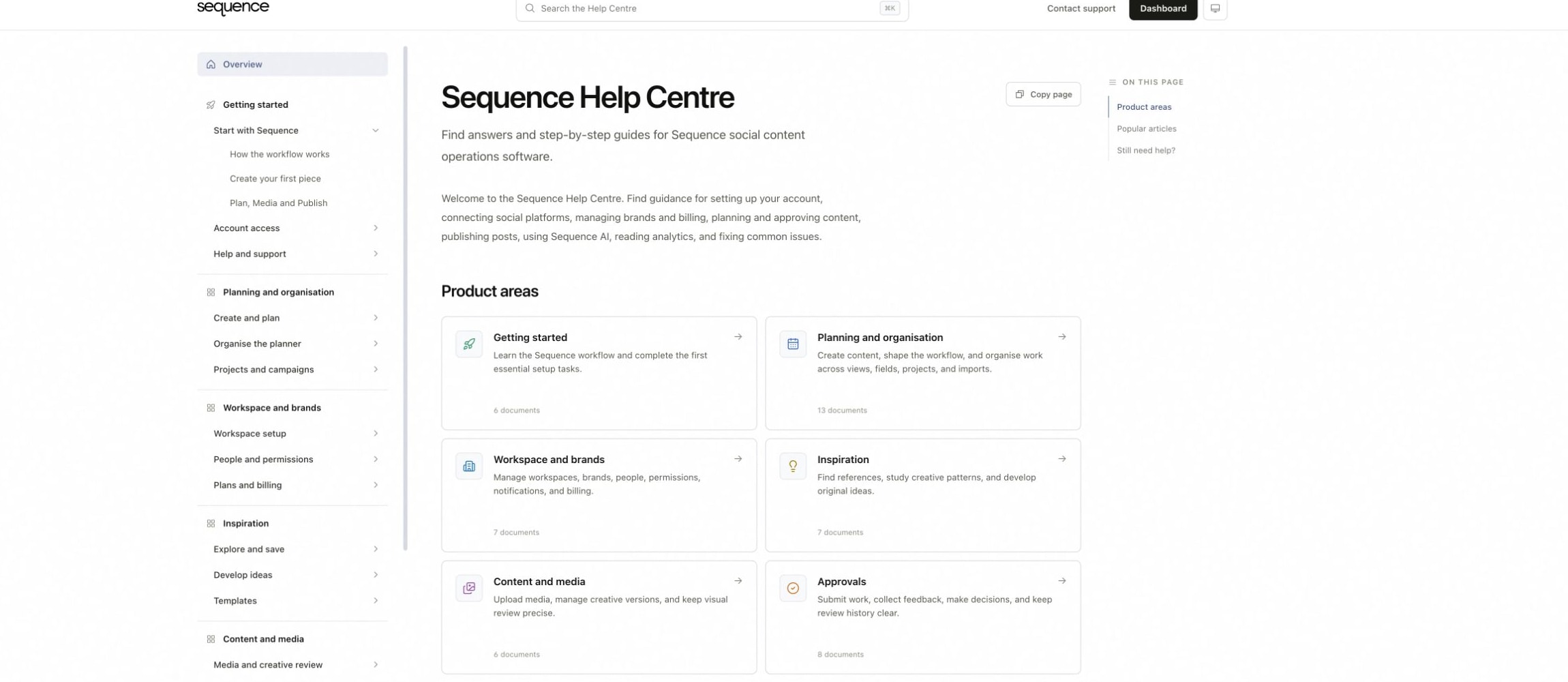 Sequence Help Centre homepage with search, popular articles and support links